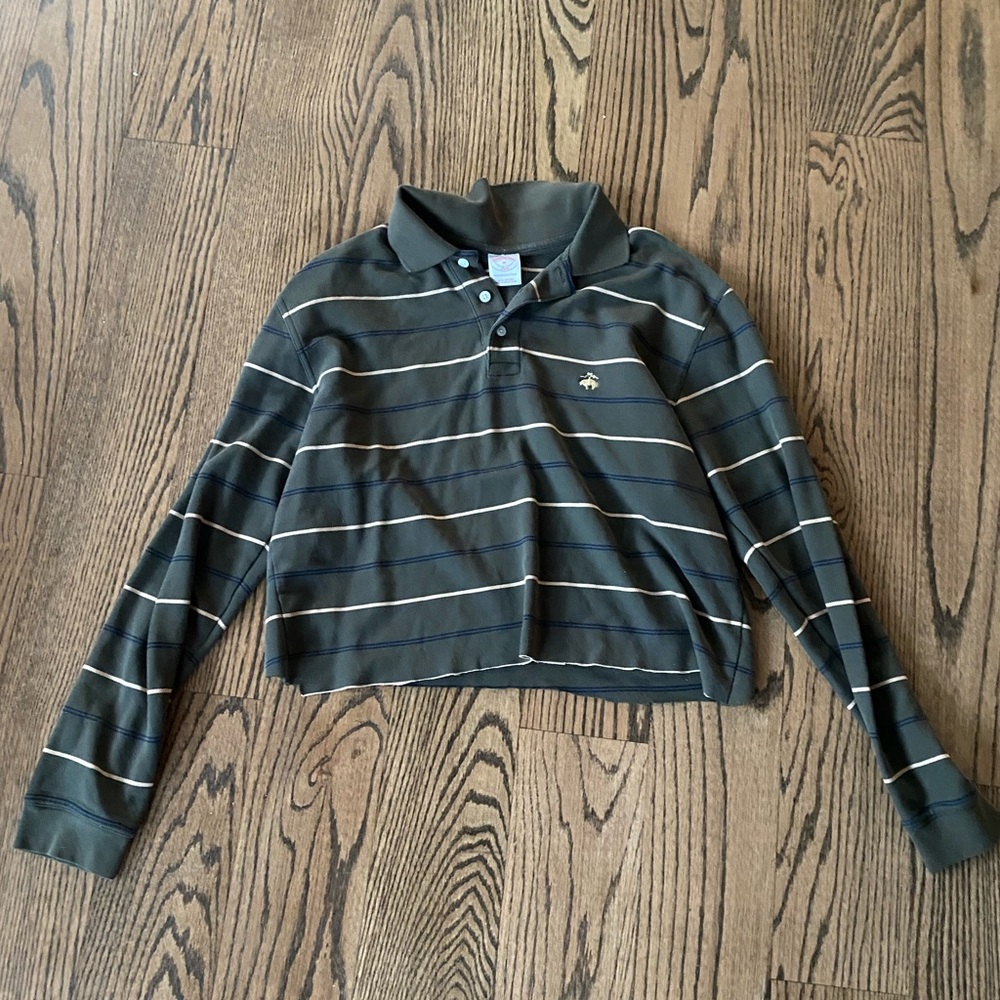Green Striped Brooks Brothers Long Sleeve Performance Polo, Cropped, Size M